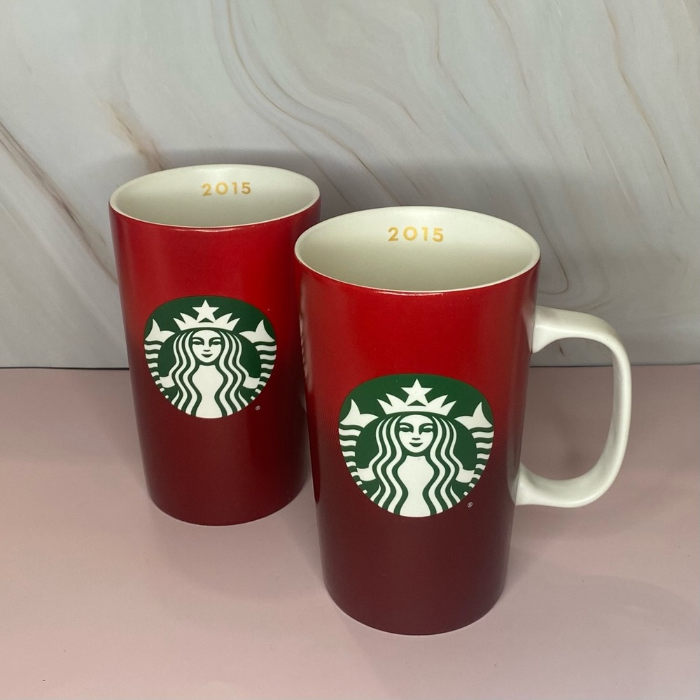 Set Of 2 2015 Starbucks Tall Red Ombre + Green Siren Logo Coffee Mugs, 16oz